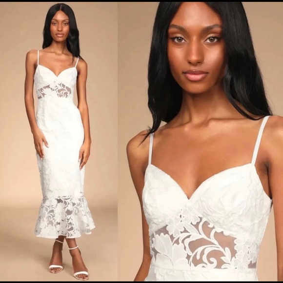 Ivory White Lace Trumpet Organza Midi Dress 🌿 - Picture 4 of 11